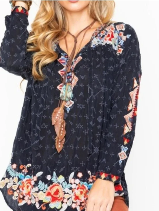 Jonny Was Embroidered Gina Long Sleeve Blouse Tubic In Black - Picture 2 of 14